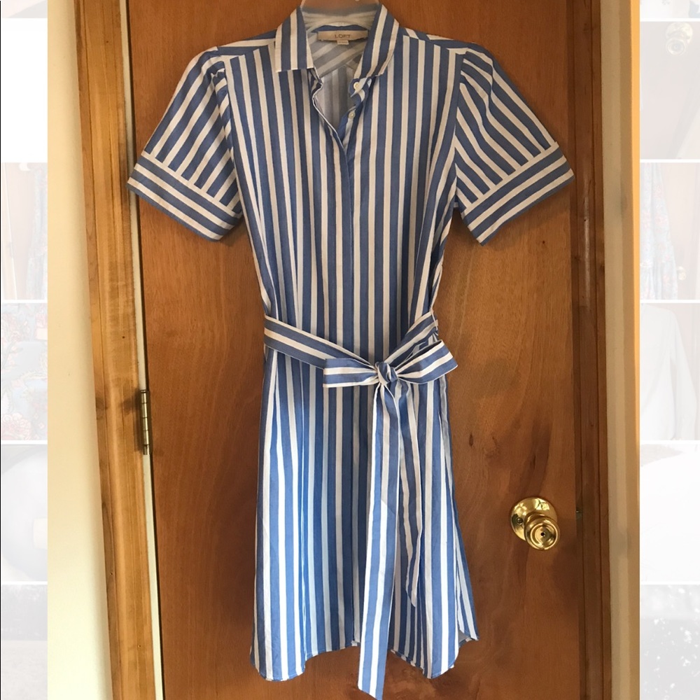 LOFT Blue and White Striped Shirt Dress
